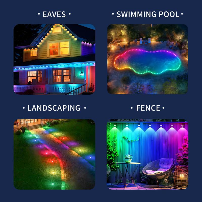 105ft/164ft 16 Million Colors IP67 Waterproof Smart Color Lights 63 Modes TUYA App Voice Control Music Sync Timer for Eaves Walls Pools Lawns Paths Fence