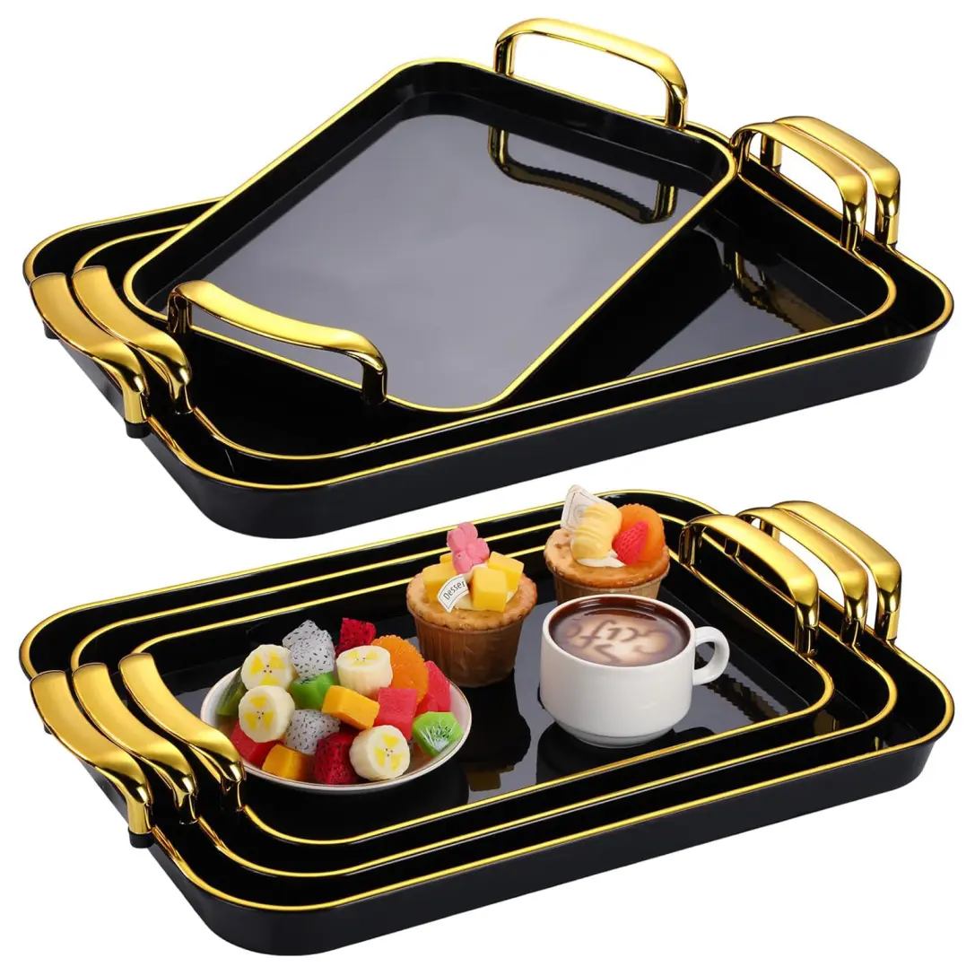 3-Pack Serving Tray with Handles, Platters for Serving Food Turkey Cookie Appetizer Snack, Reusable Plastic, Stackable, for Holiday, Party, White