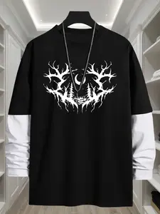 Men's Streetwear Gothic Text Pattern Patchwork Long Sleeve Loose Casual Round Neck Top, Fashionable Versatile Bottom Layer Tee