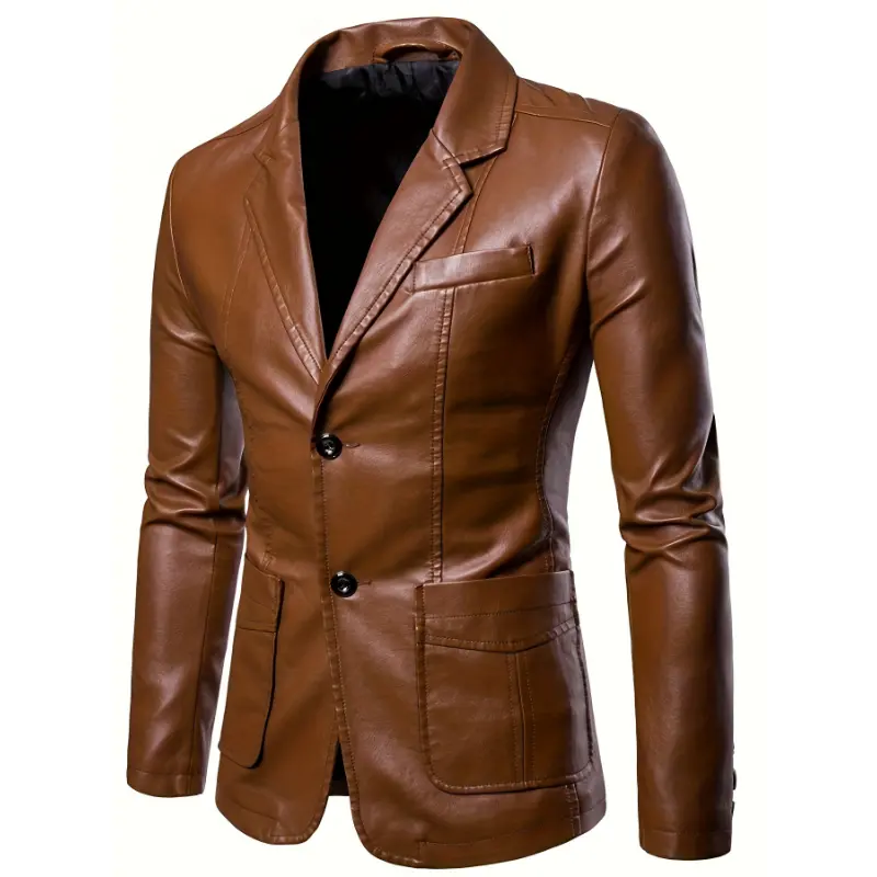 YYW1 Men's Slim Fit PU Leather Jacket - Stylish Brown Windproof Blazer with Lapel Collar, Long Sleeves, and Side Pockets Casual Wear