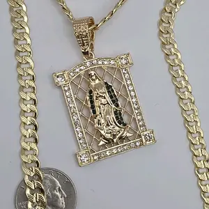 VIRGIN MARY beautiful necklace gold-plated Cuban link style 24"inches green clear stone's