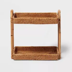 Natural Woven Tiered Vanity Bathroom Tray  Rattan Countertop Storage Accessory, Spot Clean 2-tier design