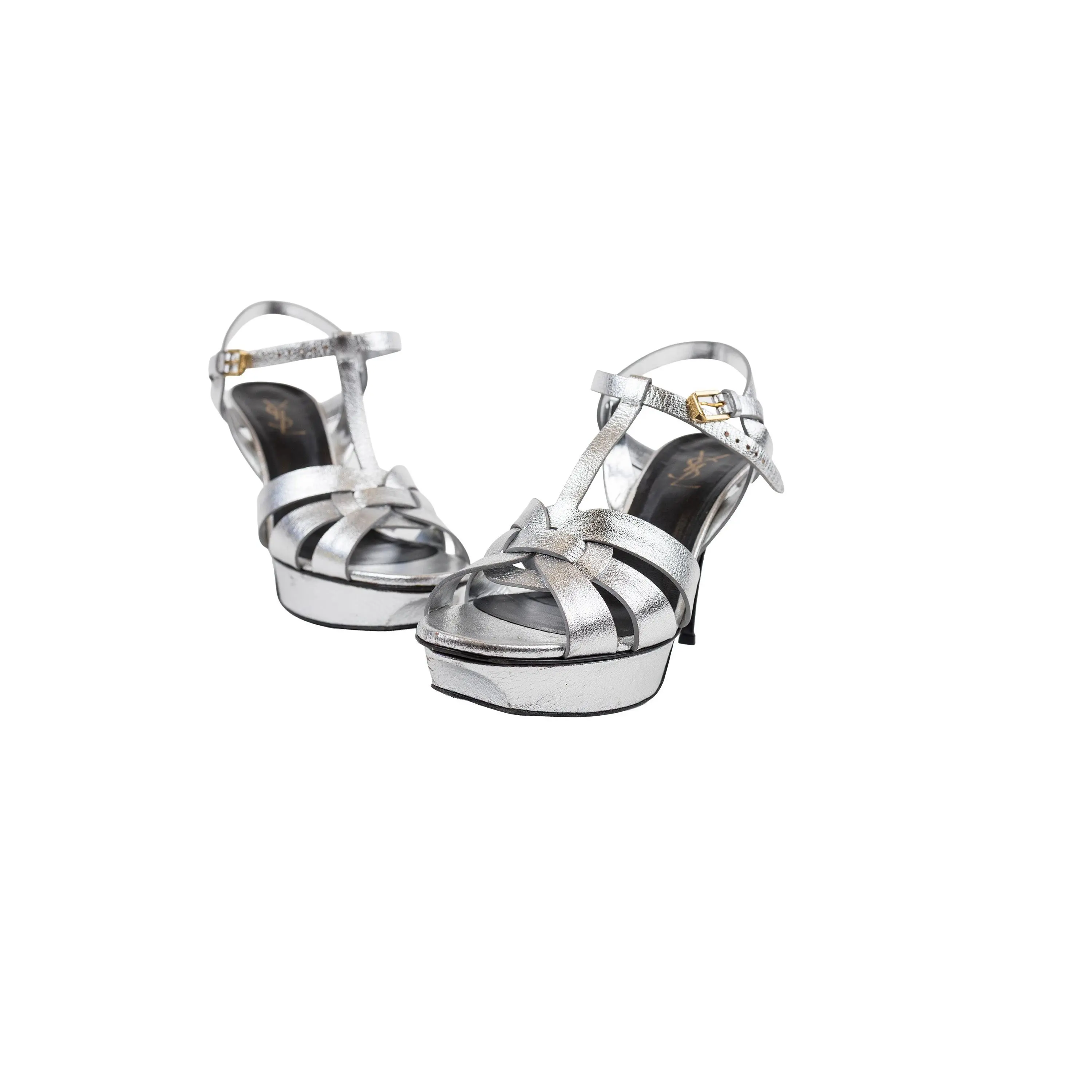 Saint Laurent Silver Metallic Leather Platform Heels Size 39.5