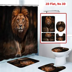 4 Pcs Lion Pattern Shower Curtain Set Brown Bathroom Accessories Durable Non - slip Bathroom Floor Mat Shower Curtain with Hooks Toilet Cover Mat Home Decor Bathroom Accessories Machine Washable the bathroom is full of gentle small details