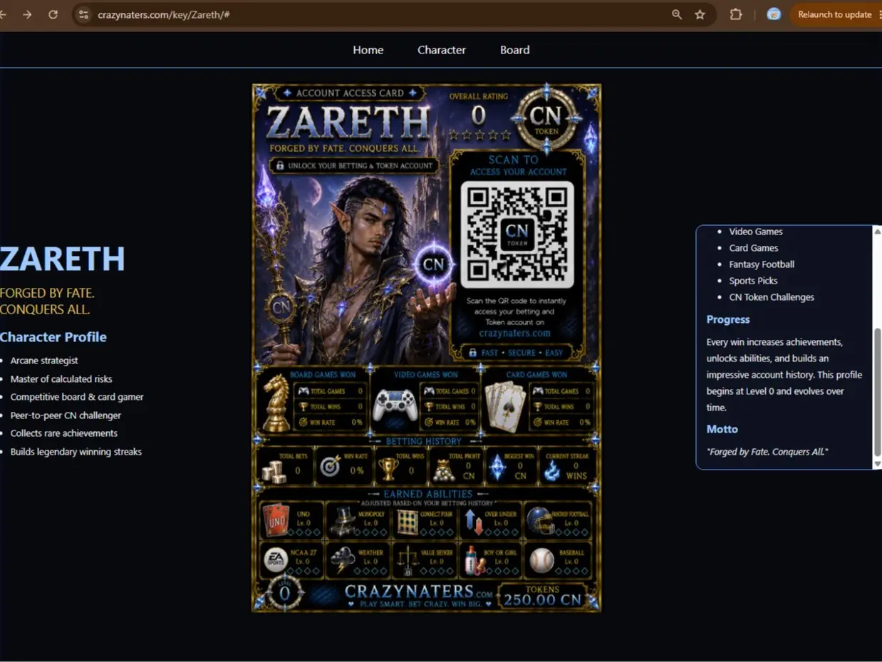 CrazyNaters.com QR Keychain and Wager Account w/250 CN tokens