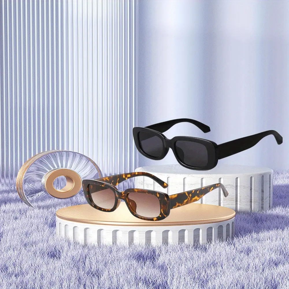 Women's 2-Pack Vintage 90’s Narrow Square Plastic Frame Driving Sunglasses, Shatterproof UV400 Lens, Automotive Protective Gear for High Fashion & Daily Wear, Compact, Rectangle