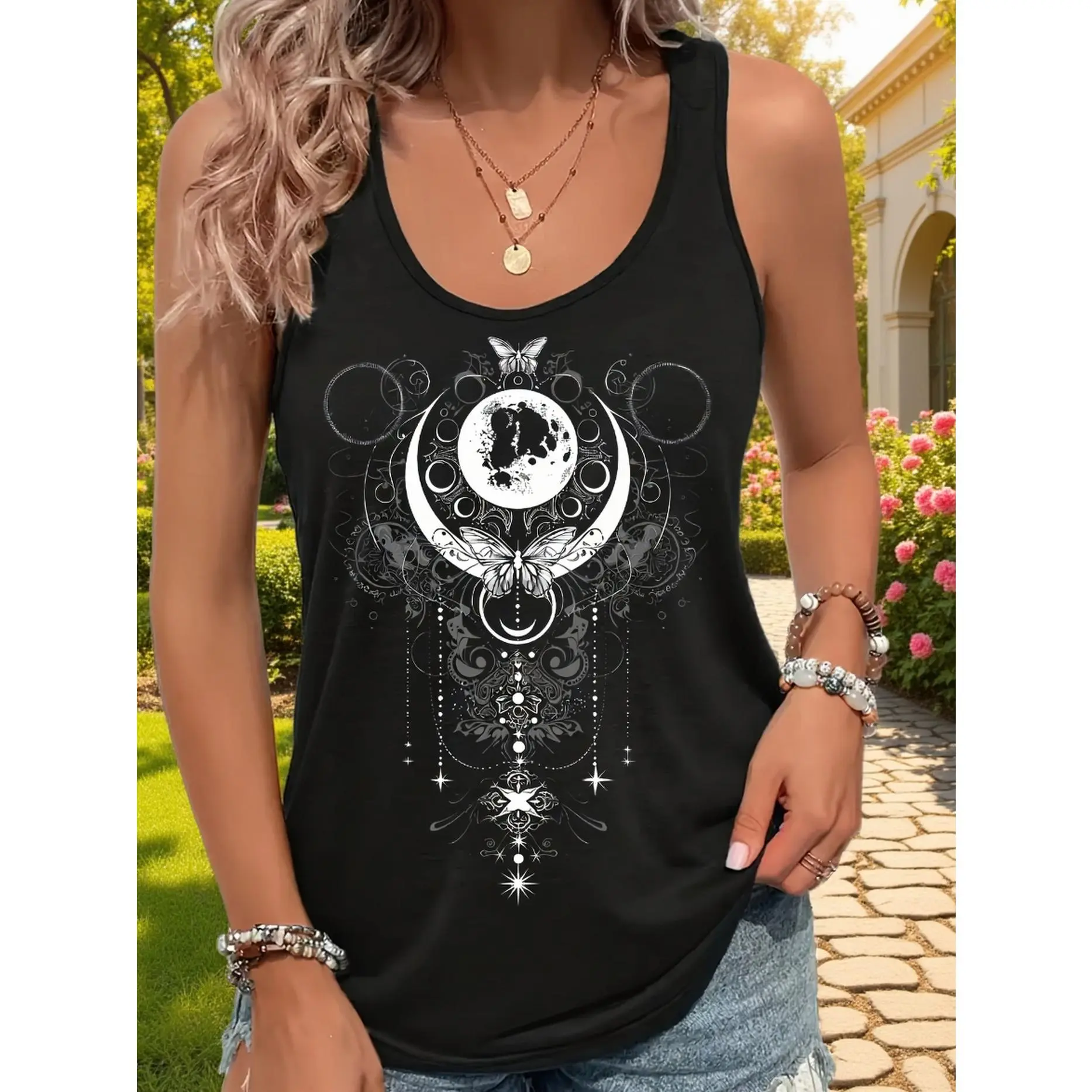 Women's Gothic Graphic Tank Top - Moon & Butterfly Print, Casual Sleeveless Crew Neck Athletic Knit Top, Soft Elastane-Spandex Blend Fabric, Lightweight Holiday Tank with Letters