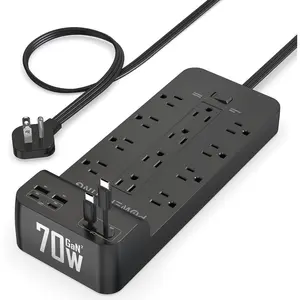 Power Strip with USB Ports | 18-in-1 2100J Surge Protector | 70W Gan Retractable USB C Cables,12 AC Outlets,2 USB C & 2 USB A Ports | 5ft Extension Cord, Flat Plug & Wall Mount |Dorm Room Essentials