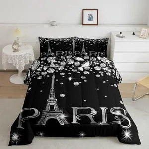Eiffel Tower Comforter Set,Romantic Paris Tower Bedding Set,Not Real Diamond Printed Down Comforter,Black White Sparkles Sequins Valentines Bed Set