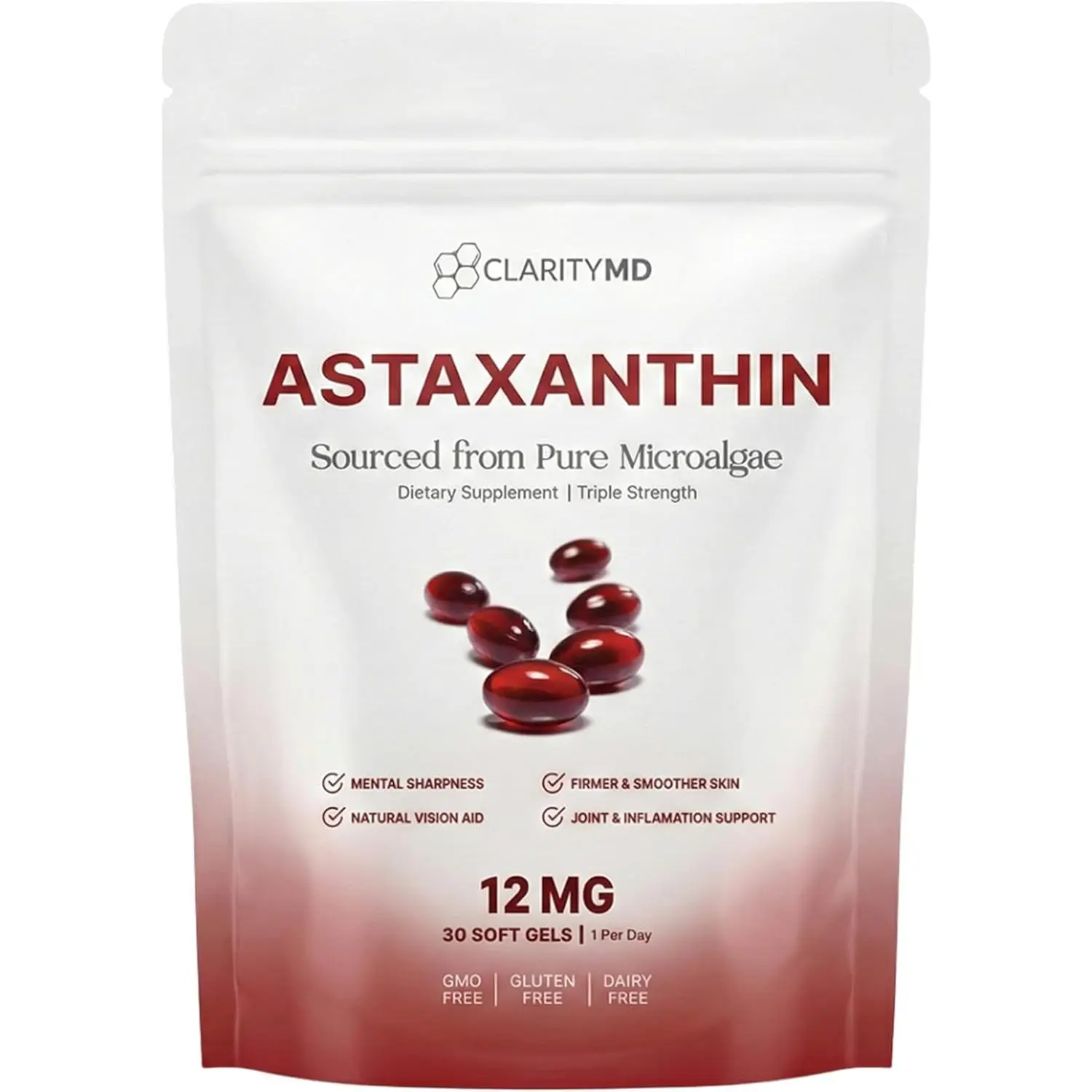 Natural Astaxanthin 12mg Softgels High Absorption Lipid-Based Microalgae Antioxidant Supplement Support Cognitive Brain Health Vision Eye Care Joint Mobility Internal Circulation Anti-Aging Vitality Booster Non-GMO 30 Softgels
