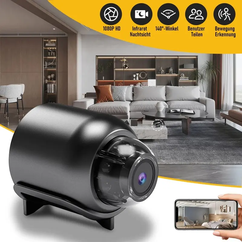 Mini WiFi Security Camera 1080P HD - Indoor Home Surveillance, Night Vision, 140° Wide Angle, Motion Detection, Remote Phone App Monitoring, Baby Monitor