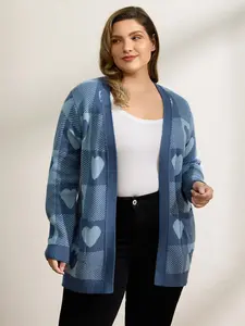 【Butter Soft 】 Bloomchic Medium Blue Checkered Hearts Jacquard Pockets Knit Cardigan Long Sleeve Kimono Collar Casual Winter Top Loose Fit Tunic Mediumblue Knitwear cardigan Style Print Plaid