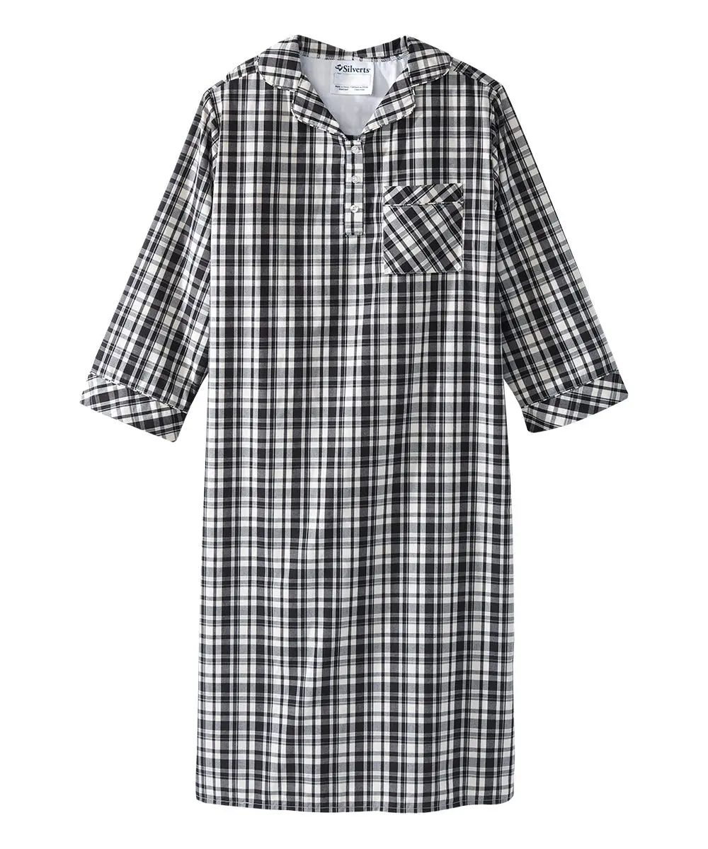 Men's Cotton-Blend Open Back Collared Nightgown - Long Sleeve Full Length Assisted Dressing Loungewear for Seniors with Shoulder Snaps, Soft Back Overlap Polyester-Infused Fabric, Buttons