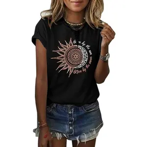 Tankaneo Womens Graphic Tees Summer Vintage Short Sleeve Cotton Moon and Sun Printed T Shirts Tops