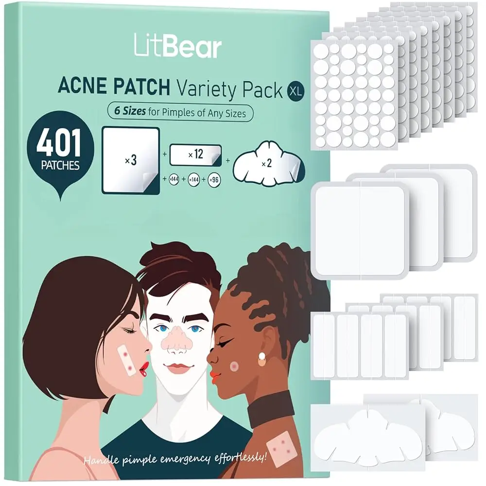 LitBear Large Pimple Patches for Face (6 Sizes 401 Patches), Big Hydrocolloid Acne Patches, XL Hydrocolloid Bandages for Body, Cheek, Forehead, Chin,