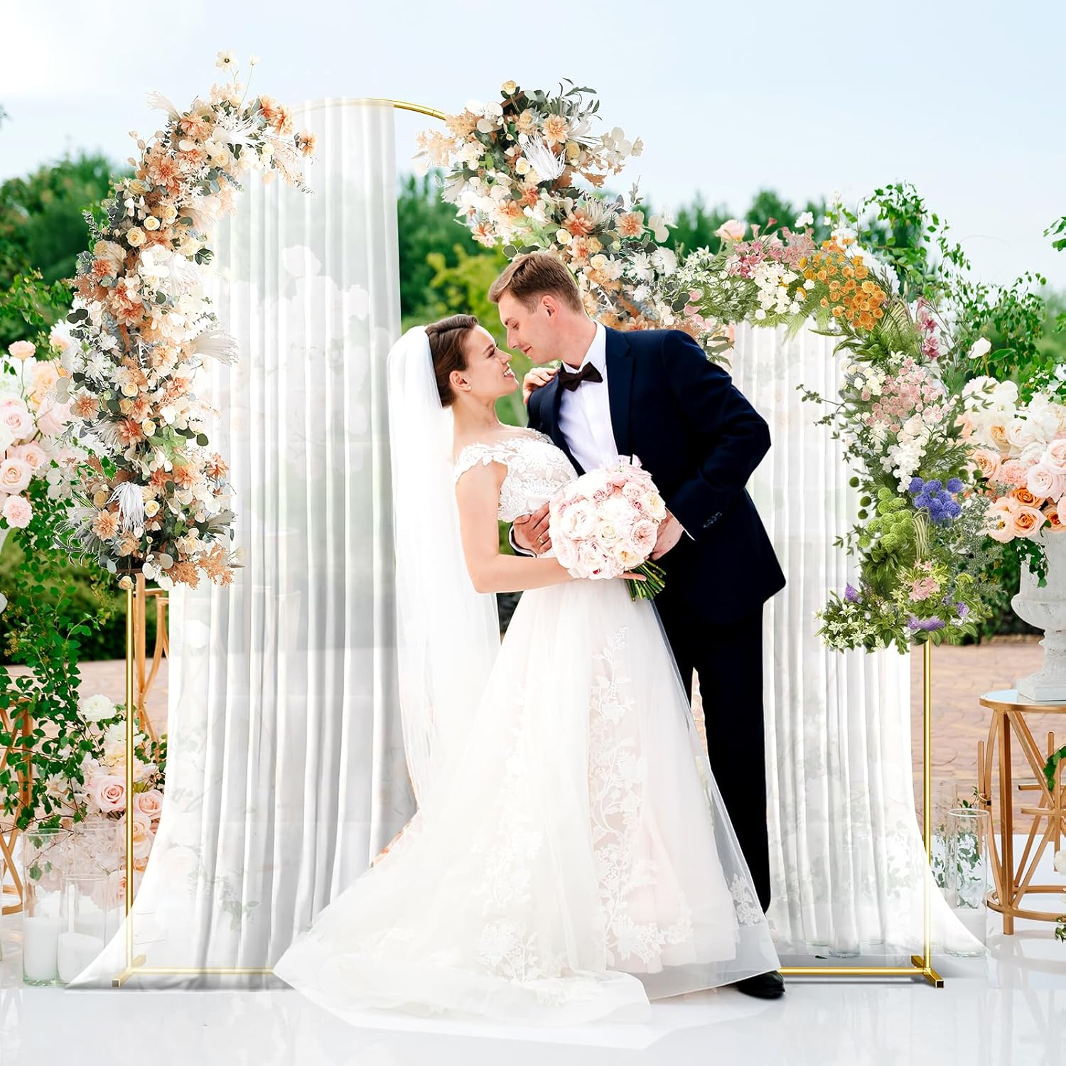 Gold Metal Lightweight Golden Arch Backdrop Stand Set - Glueless Floral Flower & Balloon Frame Arbor, 7.2/6.6/6FT for Wedding Bridal Shower Decorations, Picture Backdrop Photoshoots, Three