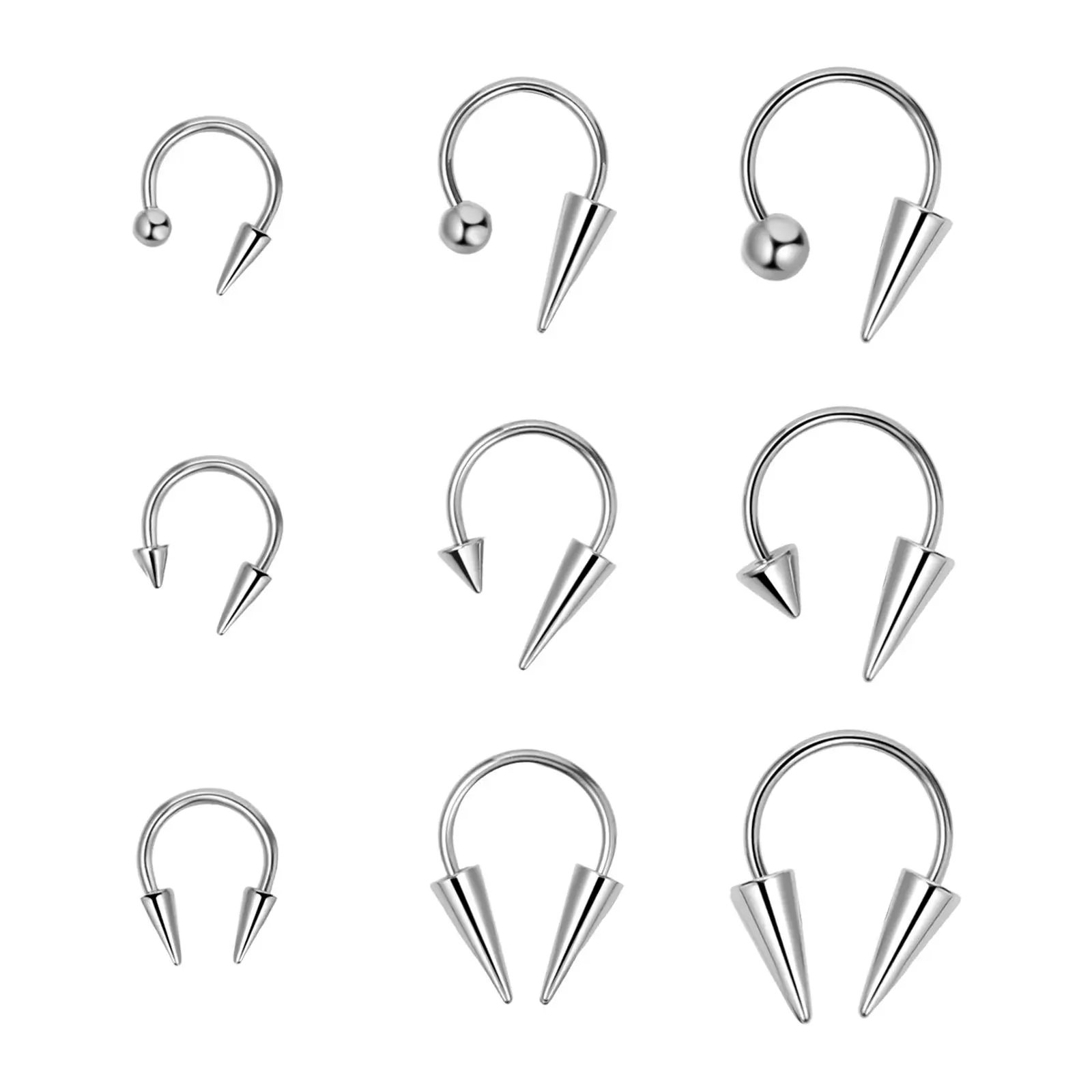 OIDEA 9PCS 16G Stainless Steel Spike-Style Horseshoe Lip Rings, Unisex Multi-Size Circular Barbells with Secure Fit for Lip Snake Bite, Helix Piercings summerwins,summerwins