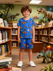 Kids Short Sleeve Pajama Set 2 Piece, Dinosaur Print, Soft Comfortable Casual Home Wear, Elastic Waist, All Seasons, Fitted H Type, Pajama Lounge Sets