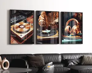 DJ Turntable Set of 3 Prints: Gold & Black Hip Hop Music Decor, Product without frame