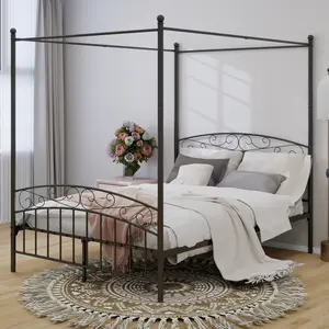 Canopy Bed Frame Four-Poster Metal Platform Bed with Headboard and Footboard Sturdy Heavy Duty Steel Slat Support