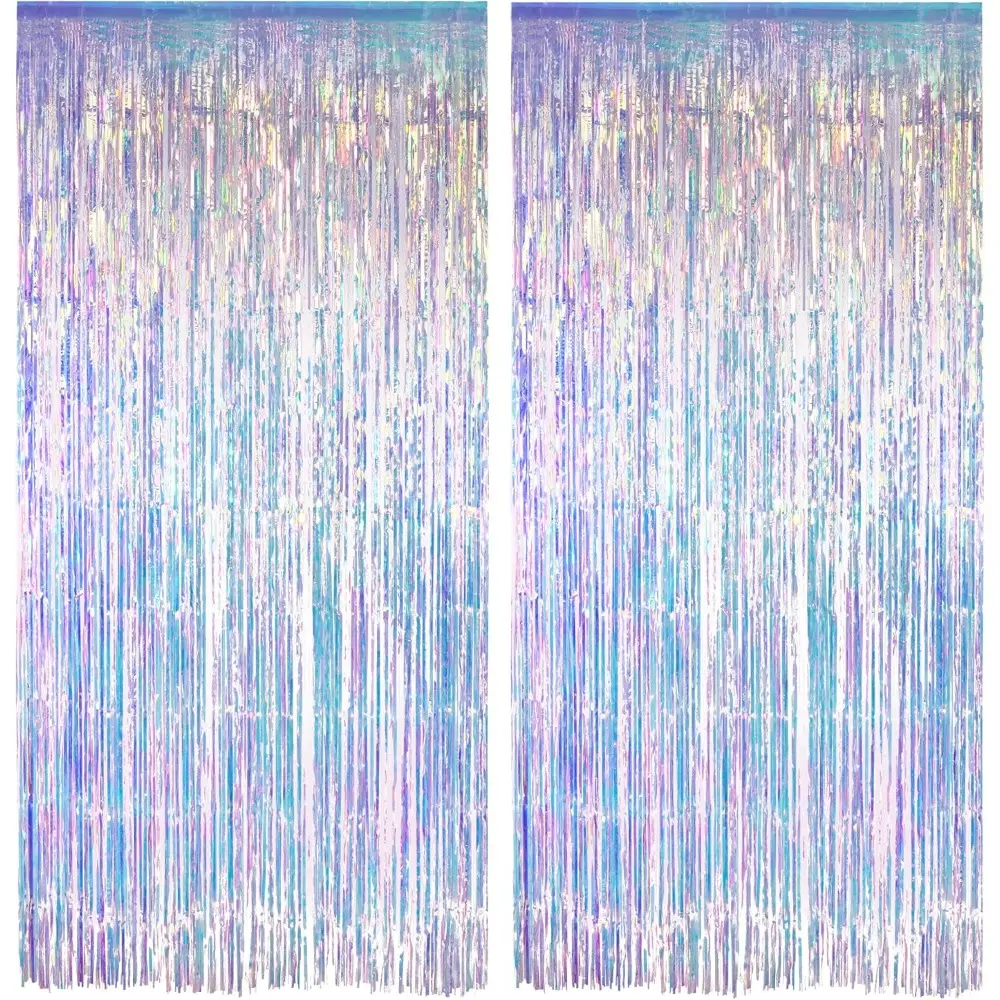 2 PCS Neon Tinsel Iridescent Holographic Transparent Foil Fringe Curtain Backdrop Banners - Easy Install, Heat Resistant, Stain Resistant, Long-Lasting, Sparkling Shine Festive Party Decor for Mermaid Themed & Birthday Events, 3.2Ft * 6.5Ft