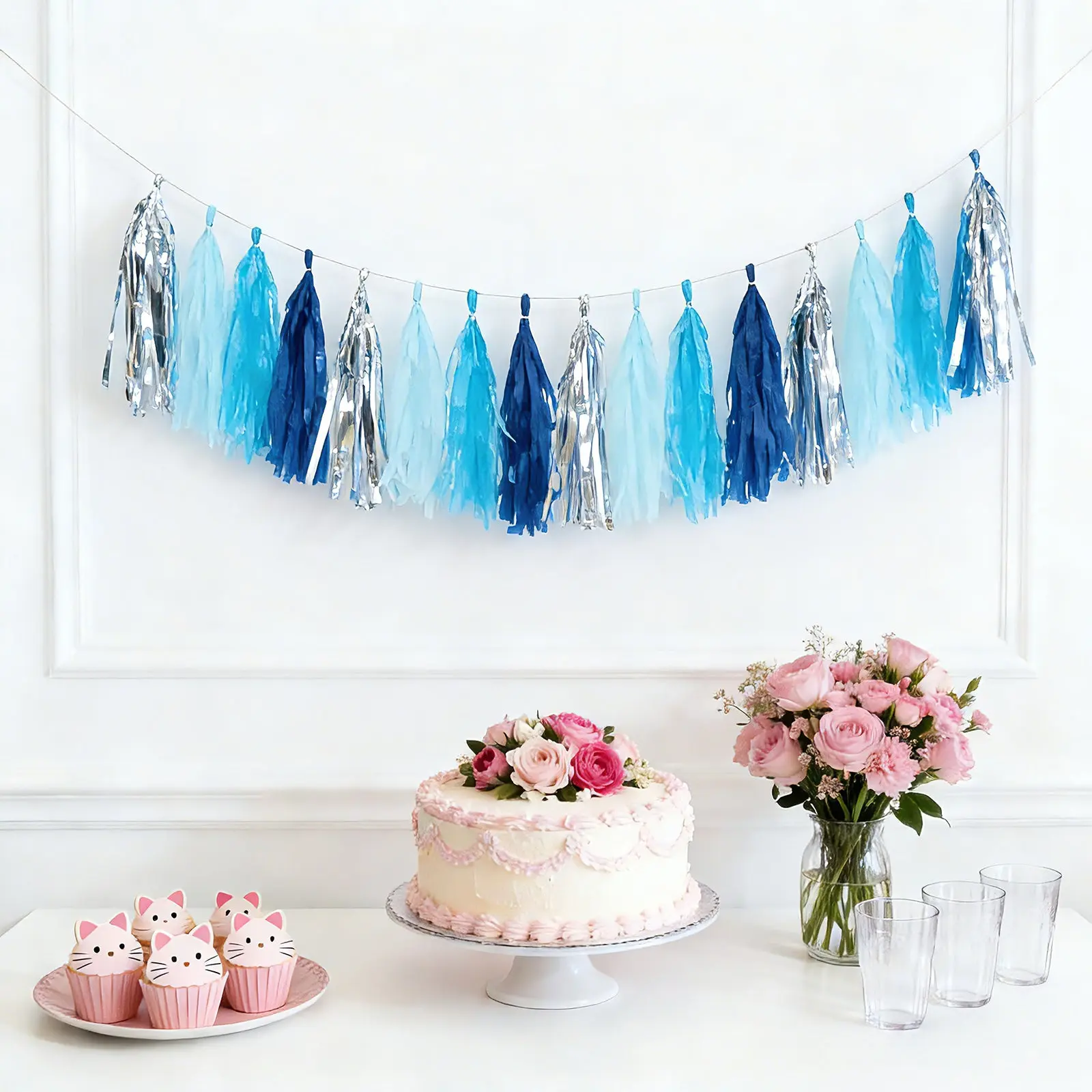 16-Pack Modern Pre-Tied Foil Tassel Garland Banner Set, Blue & Silver Paper Tassels with 10 ft String for Birthday Party Decor, Ceiling Hang Hanging Home Supplies Festive Backdrop