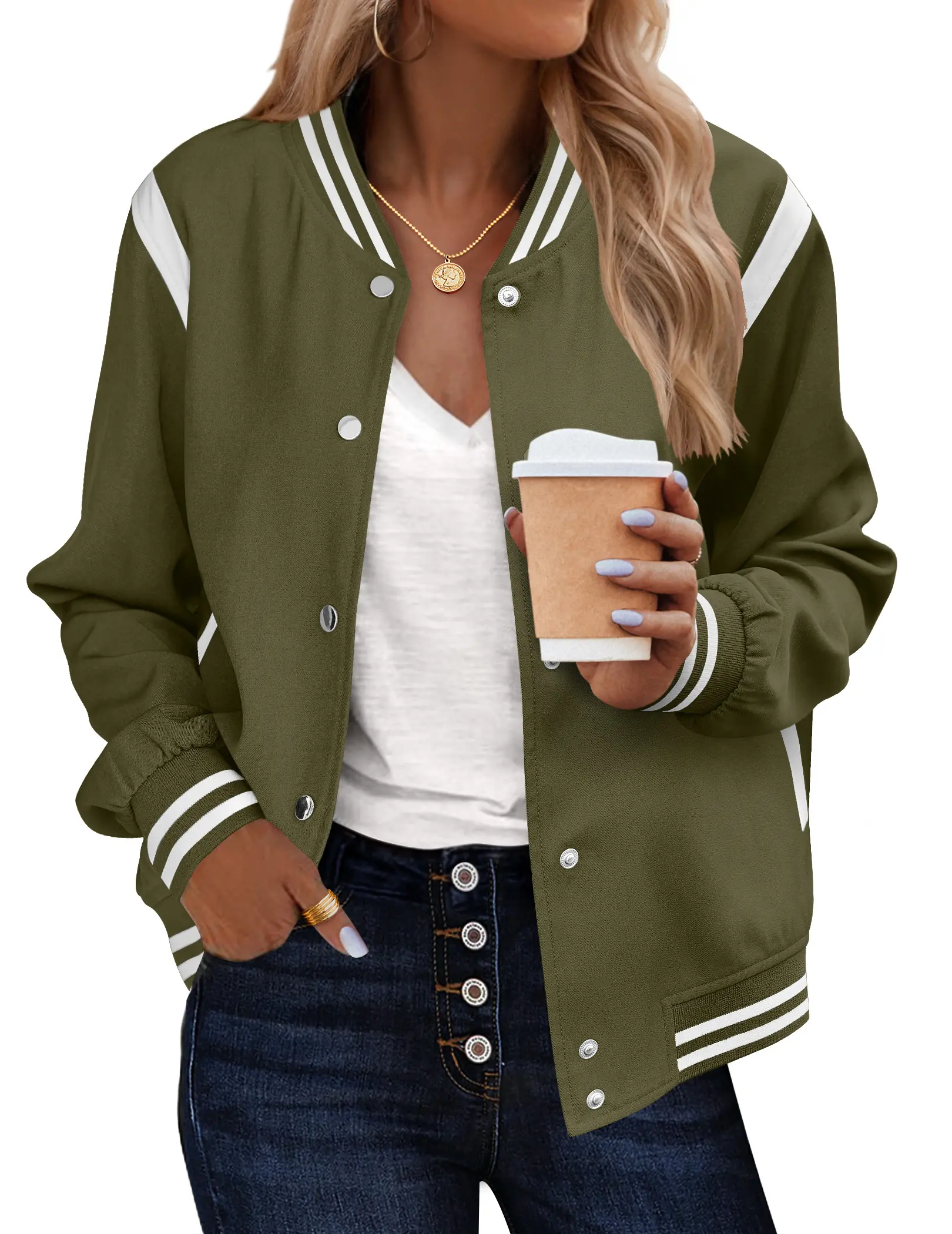 ZEAGOO Women's Premium Fabric Cute Collared Bomber Jacket Long-Sleeve Casual Lightweight Outerwear Tops Snap-Button Coat with Striped Collar and Pockets Snap Buttons All-Year Wear Medium Length Plain Cute Bike Work