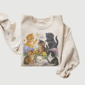Retro Kitten Sweatshirt/Tshirt, 90s Vintage Cute Cats Pullover, Boho Unisex Floral Cat Butterfly Graphic Crewneck, Retro Animal Top, Gift women and men