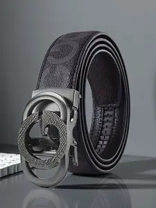 Men's Business Belt with Automatic Buckle, High-End Leather Waistband Gift for Dad, Stylish Geometric Pattern, All Seasons Wear