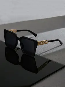 Unisex Square Fashionable Sun Protective Trendy Square Sunglasses with Metal Decorative Temples, Casual Style Large Frame Eyewear, Uv400 Protection, All Seasons Summer Wear