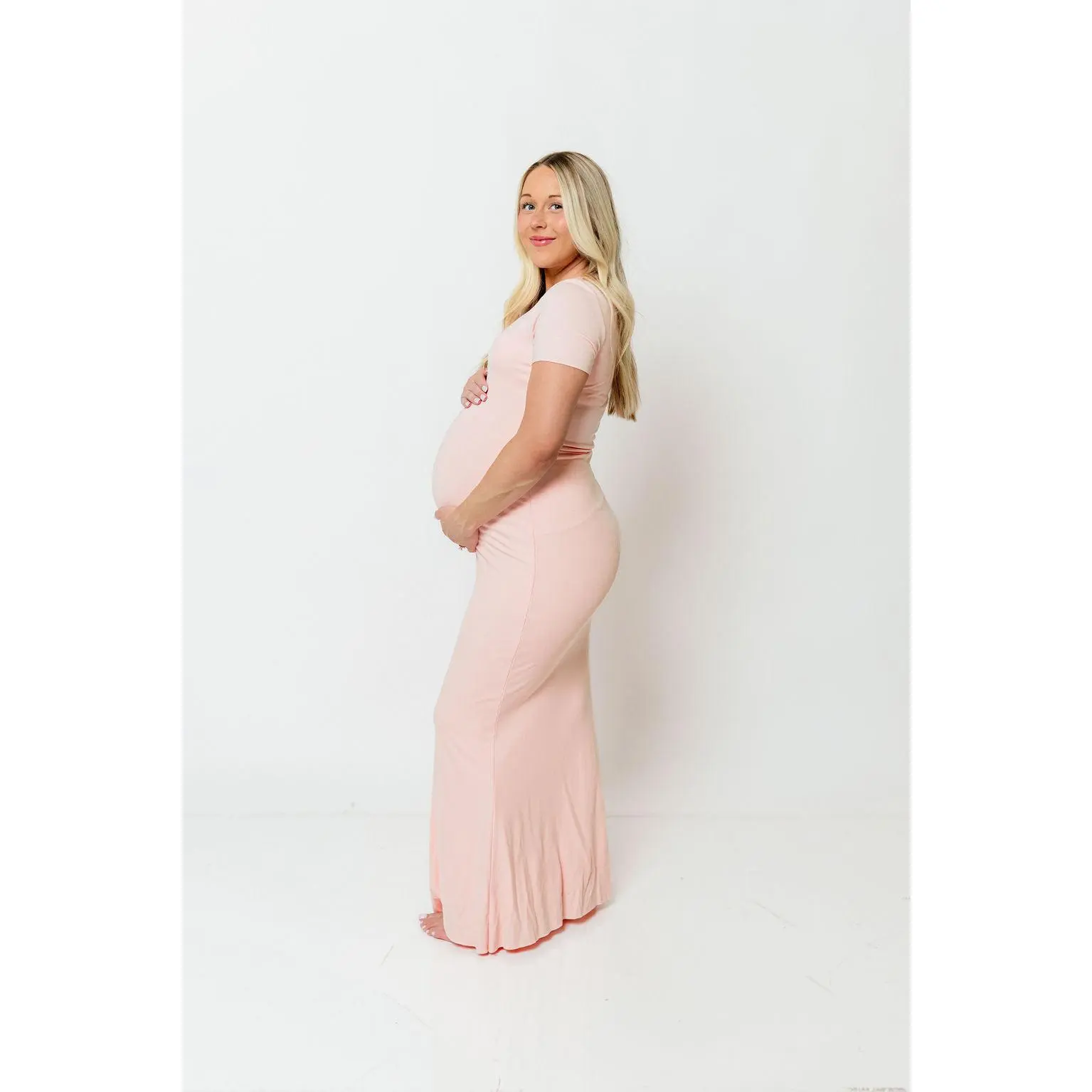 The Charlie Ribbed Maxi Dress in Baby Pink - Bump Friendly