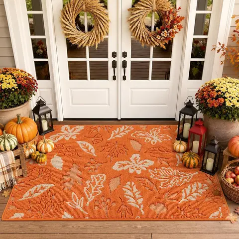 [FallDealsForYou] HEBE Fall Flat Weave Runner Mat, Washable 30℃ Indoor Doormat with Non-Slip Rubber Back, Absorbent Maple Leaves Entryway Decor, Machine-Wash Fresh, Sheds Sand & Mud, Plants-Friendly, Fits Wood/Marble, Easy to Place, Dorm Home Essential