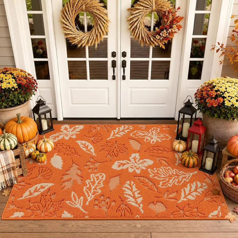 [FallDealsForYou] HEBE Fall Flat Weave Runner Mat, Washable 30℃ Indoor Doormat with Non-Slip Rubber Back, Absorbent Maple Leaves Entryway Decor, Machine-Wash Fresh, Sheds Sand & Mud, Plants-Friendly, Fits Wood/Marble, Easy to Place, Dorm Home Essential