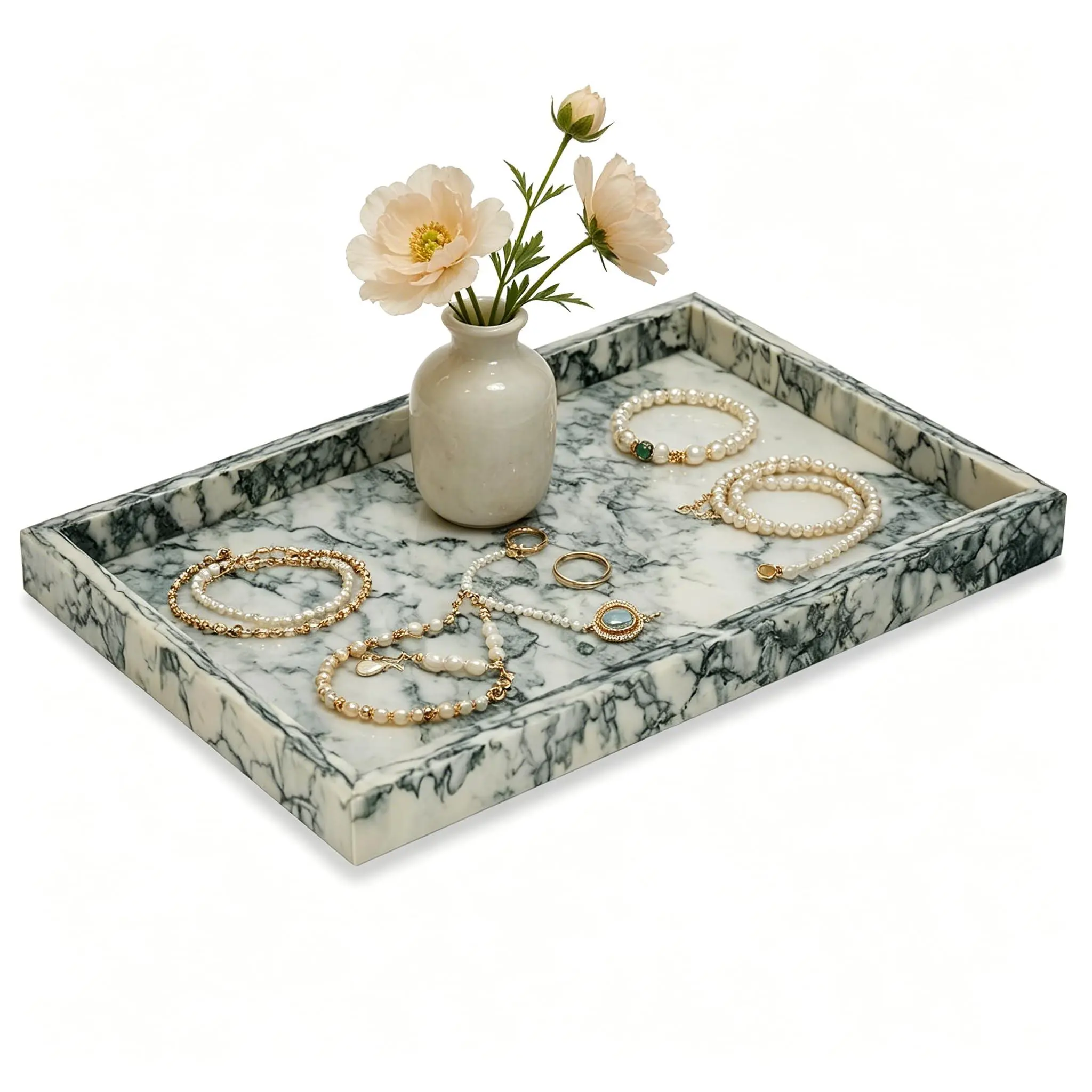 12 x 8in Cyan Green Natural Marble Bathroom Tray, Stone Vanity Organizer for Jewelry, Perfume and Countertop Decor