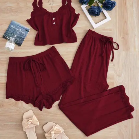 Women's Solid Crop Tank Top & Lace Trim Shorts & Panty Three-Piece Set, Casual Comfy Pyjama Set for Women, Women's Sleepwear for All Seasons, Loungewear, Pajamas