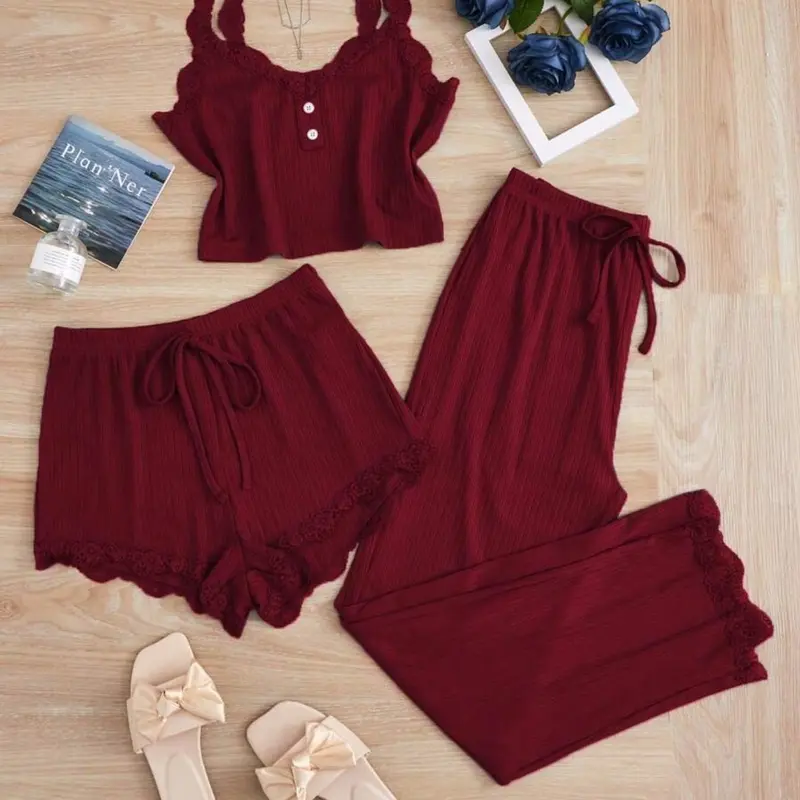 Women's Solid Crop Tank Top & Lace Trim Shorts & Panty Three-Piece Set, Casual Comfy Pyjama Set for Women, Women's Sleepwear for All Seasons, Loungewear, Pajamas