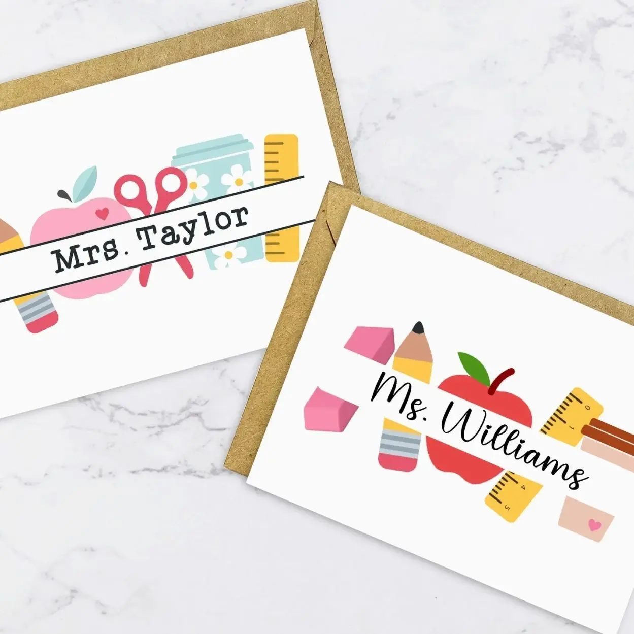 Personalized Teacher Note Cards, Retro Apple Set of Blank Cards, Custom Teacher Appreciation Gift, Thank You School Stationery with Name