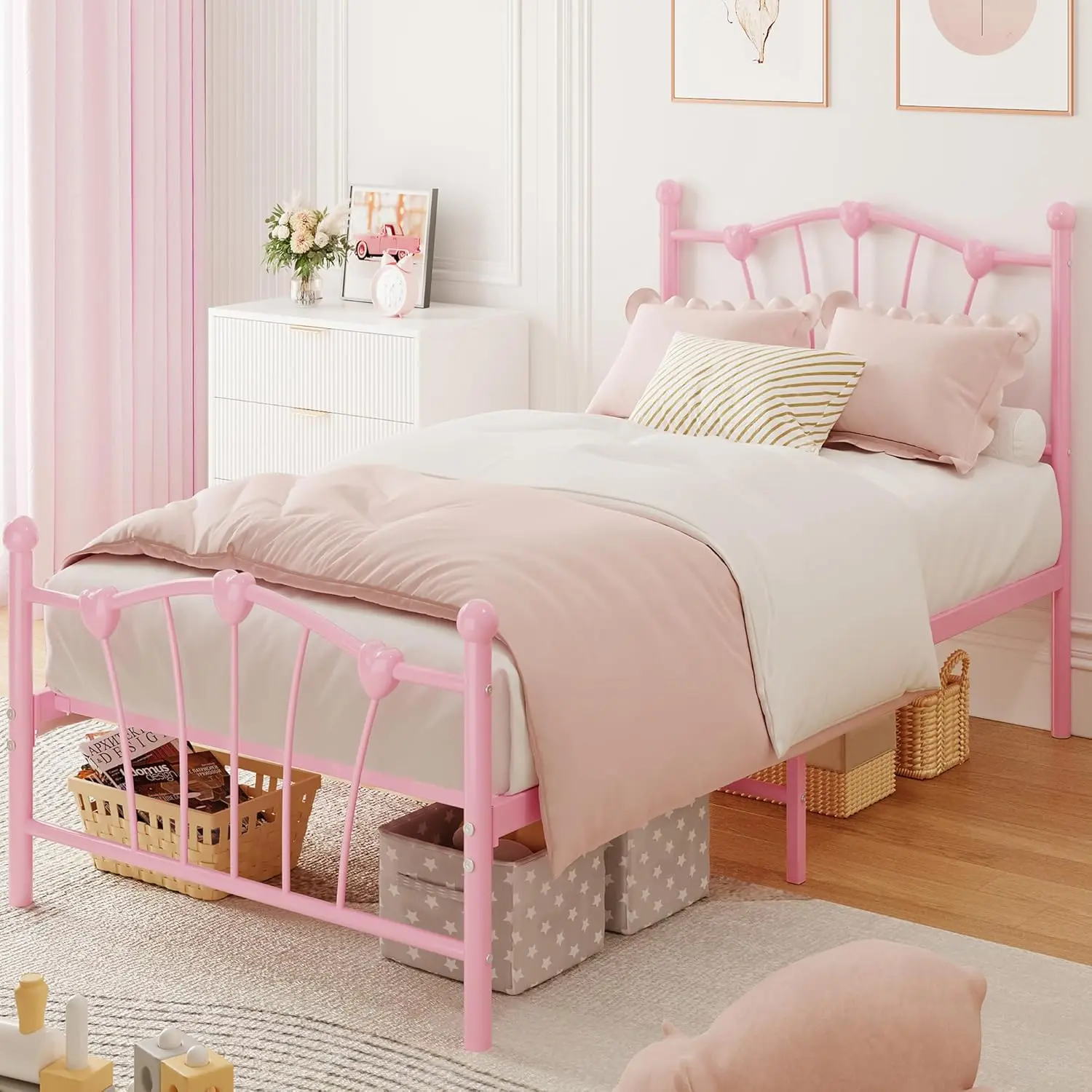 Pink Twin Metal Bed Frame with Elegant Headboard and Footboard, Orb Accents, Romantic Design, Heavy-Duty Metal Platform Mattress Foundation, Noise-Free Bed Slats Support, No Box Spring Needed, Easy Assembly, Metal Bed Frames