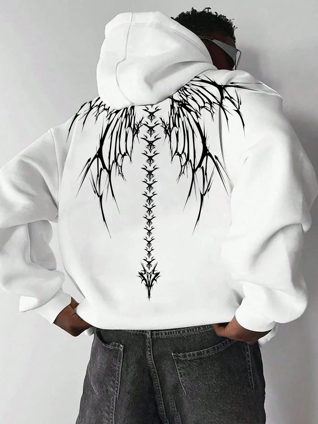 Men's Wings Skeleton Print Drop Shoulder Aesthetic Hoodie, Fashion Casual Regular Fit Drawstring Pocket Hooded Sweatshirt for Daily Holiday Outdoor Wear, Men Clothes for Fall & Winter, Graphic Print Hoodie