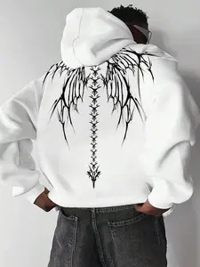 Men's Wings Skeleton Print Drop Shoulder Hoodie, Fashion Casual Regular Fit Drawstring Pocket Hooded Sweatshirt for Daily Holiday Outdoor Wear, Men Clothes for Fall & Winter, Graphic Print Hoodie
