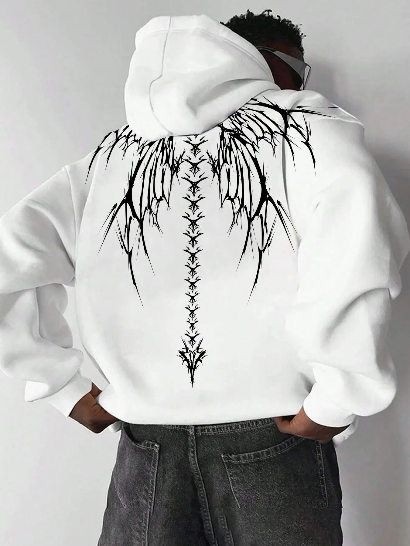 Men's Wings Skeleton Print Drop Shoulder Hoodie, Fashion Casual Regular Fit Drawstring Pocket Hooded Sweatshirt for Daily Holiday Outdoor Wear, Men Cl