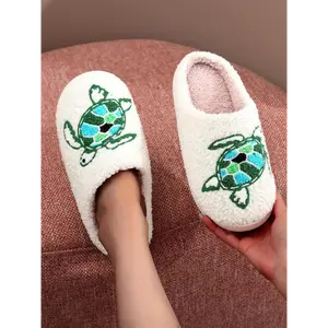 Women's Cute Cartoon Turtle Pattern Plush Slippers, Casual No-slip Soft Comfortable Home Slippers, Warm Slippers for Indoor & Outdoor Use for All Seasons