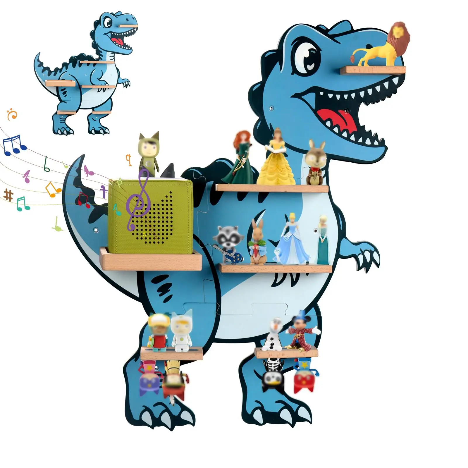 Tonie Shelf for Tonie Box Set - Tonie Organizer for Tonies Box & Tonies Figures & Charging Station, Magnetic Wooden Floating Shelf for 12-30 Tonie Characters, Tonie Wall Mounted Shelf, Velociraptor