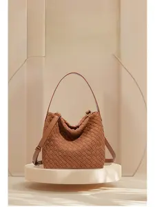 Timeless Woven Leather Satchel Bag -  Bucket Shoulder Bag with Convertible Strap, Professional Office Purse