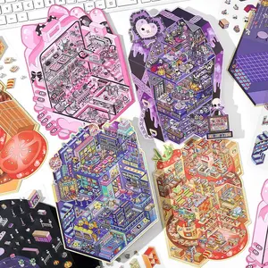 Miniature Building Sticker, 4 Sheets/bag Miniature Building Sticker, DIY Decorative Sticker for Scrapbooking, Journaling, Gift Wrapping, Sticker Packs