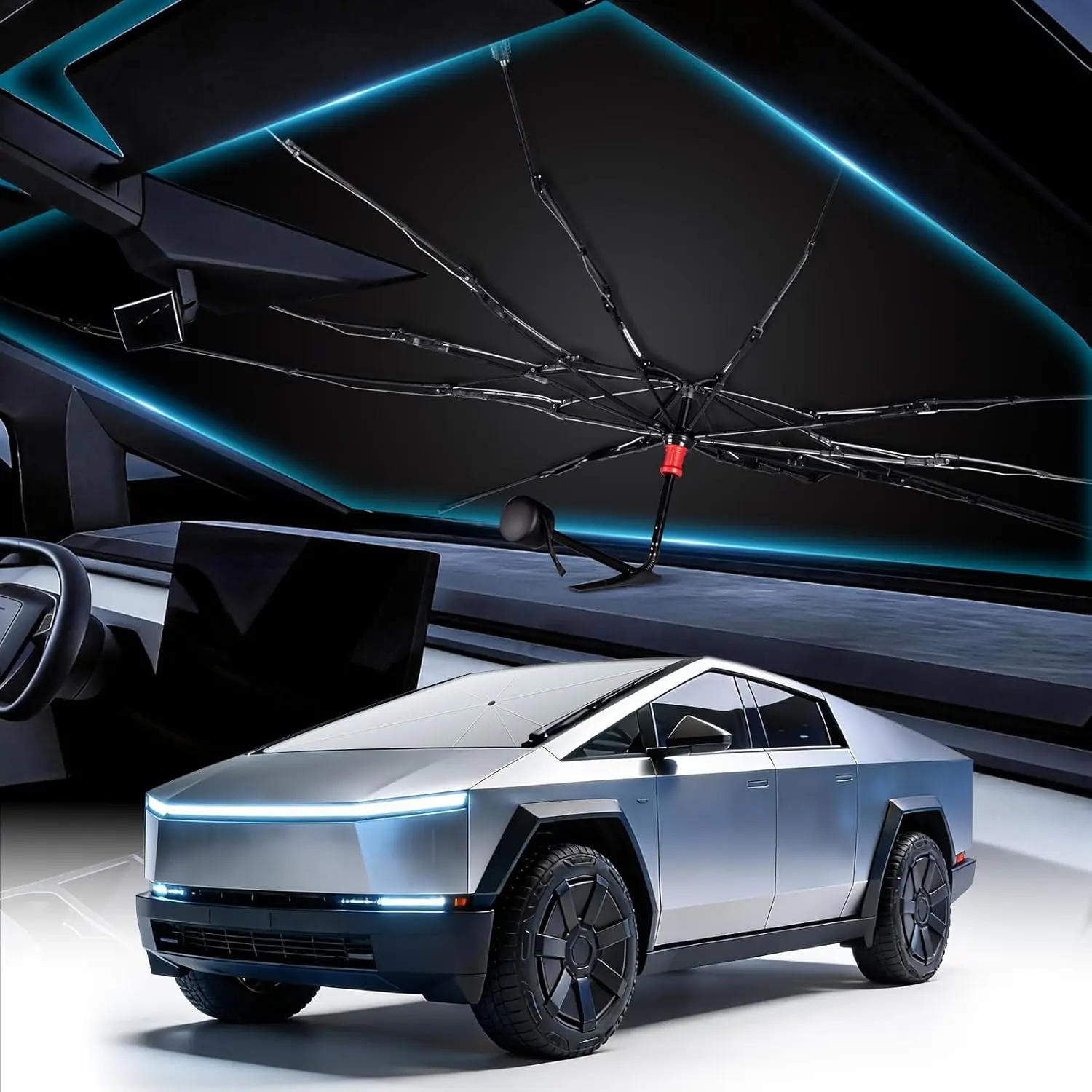 Custom-Fit Foldable Full Cover Windshield Sun Shade Umbrella for Tesla Cybertruck - Vinyl, Oversized Canopy, 1-Second Open, Reflective Fabric, UV/Heat Block, Strong Ribs, Reinforced Frame, Dashboard Protection Pad, Vehicle Specific Fit, Parking Accessory,