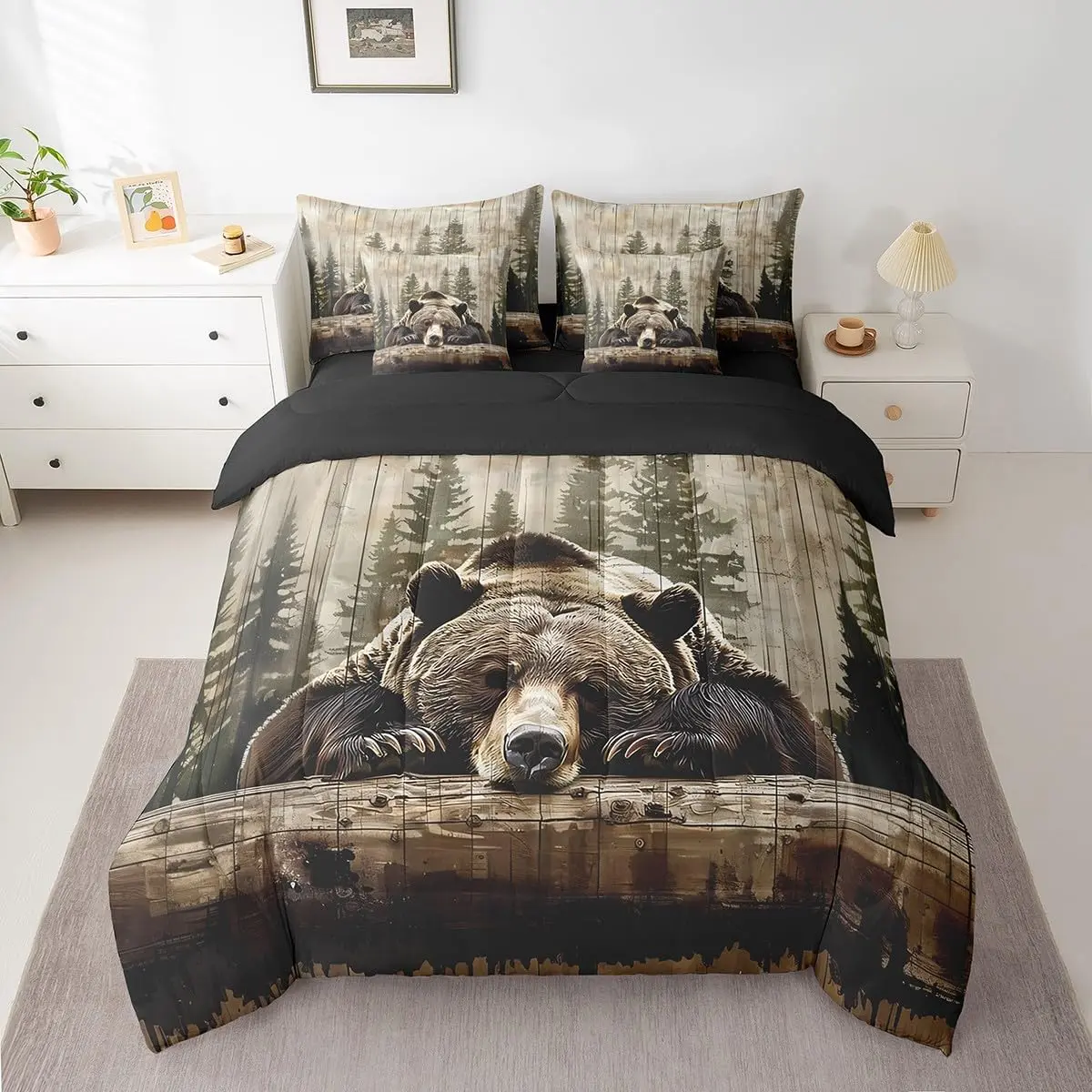 Feelyou 7-Piece Grizzly Bear Bedspread Set - Rustic Farmhouse Cabin Style, Microfiber Fabric, Breathable, High Tensile Strength, Machine Washable, Multi-Size for Boys (Including Queen)