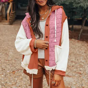 Coral Quilted Textured Patchwork Loose Fit Hooded Jacket