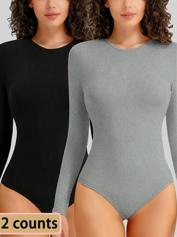 1/2 Counts Women's Solid Round Neck Shapewea Bodysuit,Casual Comfort Long Sleeve Slimming Bodysuit,Lady Tops for Spring&Fall,Womenswear，Women's Stylish Thermal Long Sleeve Bodysuit for Going Out Tops，Fabric Comfortable, Belly Control Bodysuit