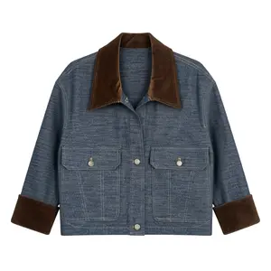 Women‘s Denim Jacket with Corduroy Collar and Cuffs, Vintage Casual Button Up Long Sleeve Jean Jacket for Women, Loose Fit Distressed Blue Denim Jacket